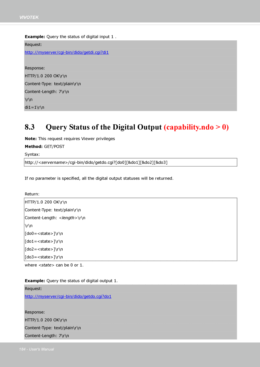 Vivotek IP8372 user manual Query Status of the Digital Output capability.ndo, Http//myserver/cgi-bin/dido/getdi.cgi?di1 