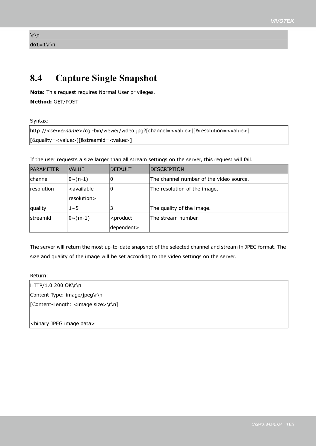 Vivotek IP8372 user manual Capture Single Snapshot, Parameter Value Default Description 