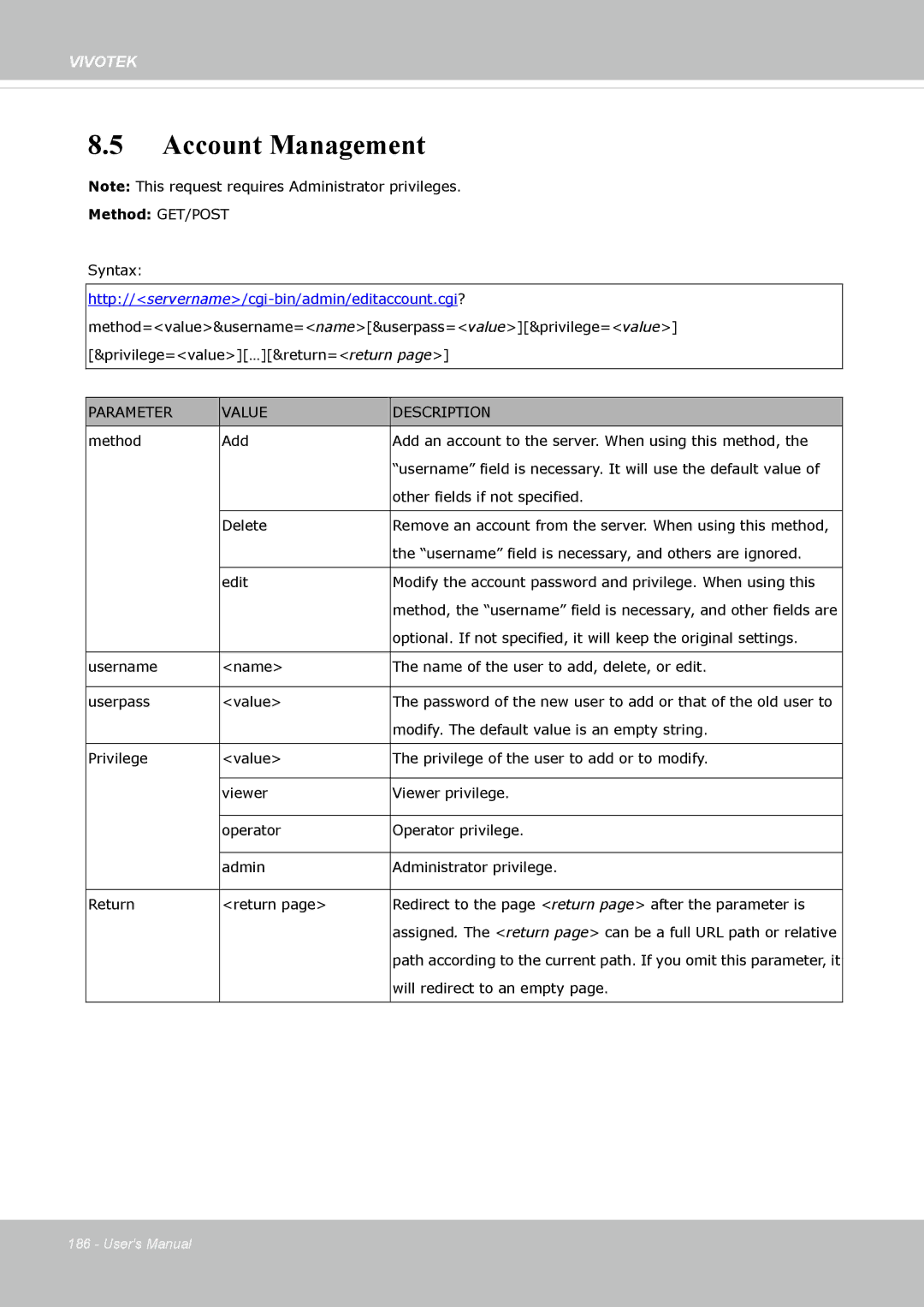 Vivotek IP8372 user manual Account Management 