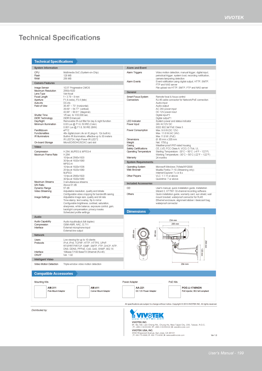 Vivotek IP8372 user manual Technical Specifications 