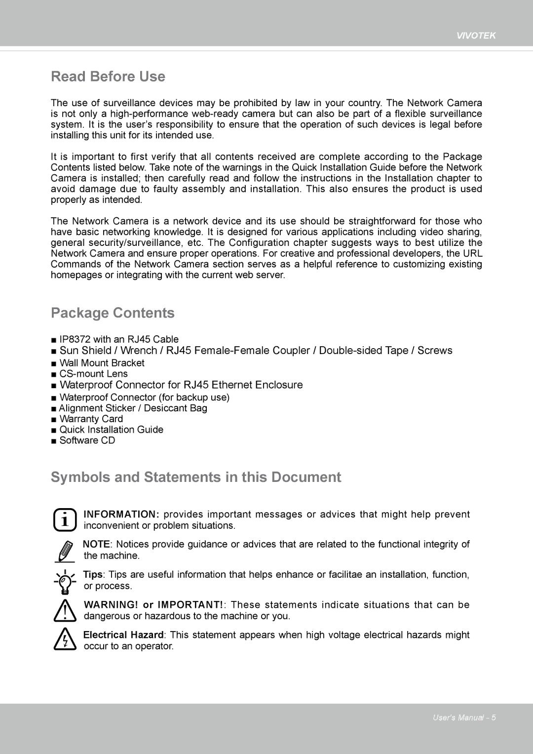 Vivotek IP8372 user manual Read Before Use, Package Contents, Symbols and Statements in this Document 