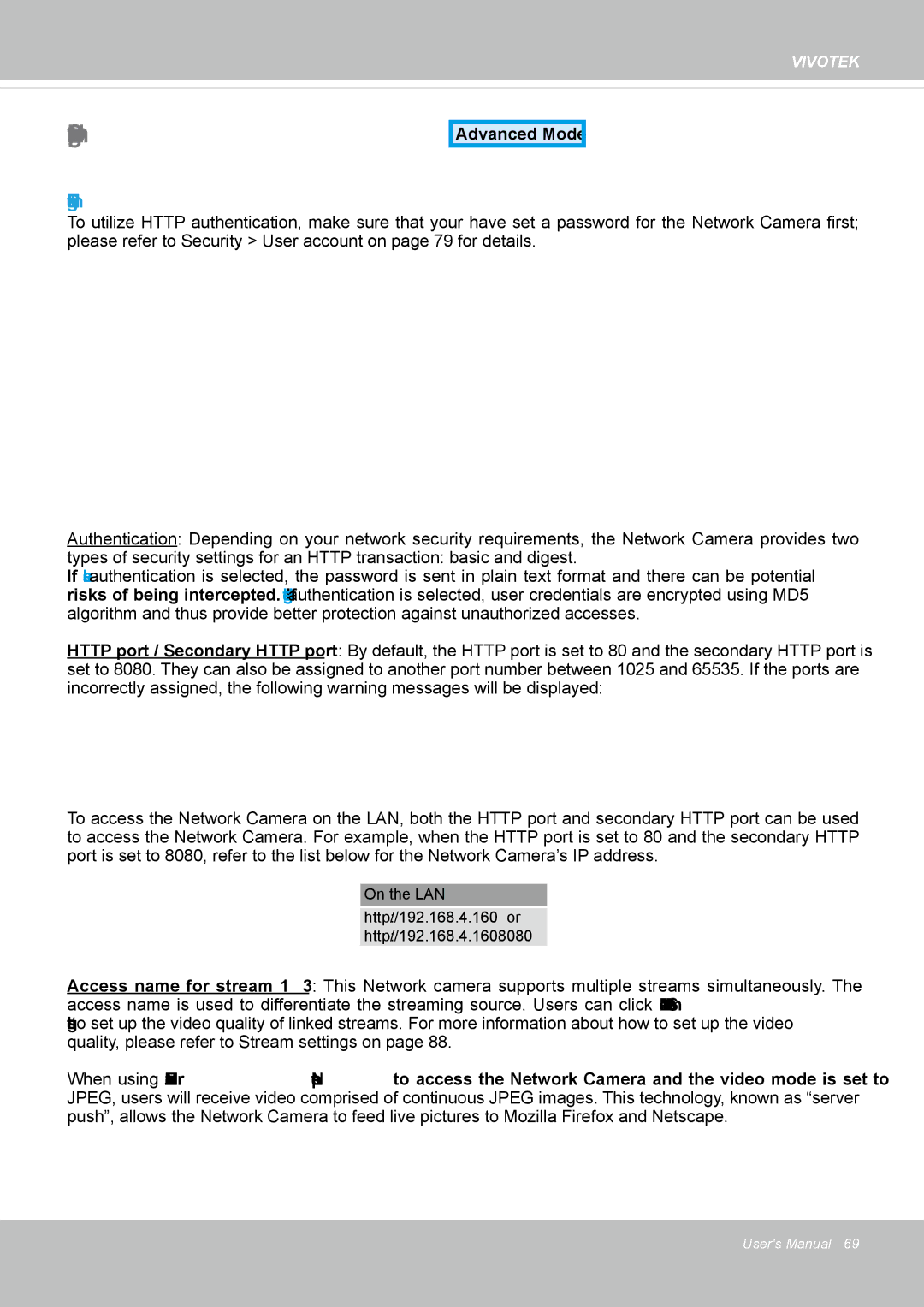 Vivotek IP8372 user manual Network Streaming protocols, Http streaming 