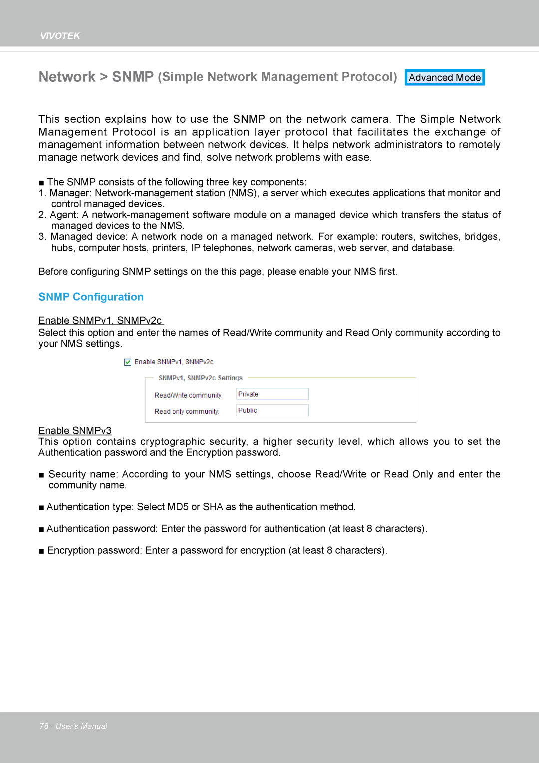 Vivotek IP8372 user manual Network Snmp Simple Network Management Protocol, Snmp Configuration 