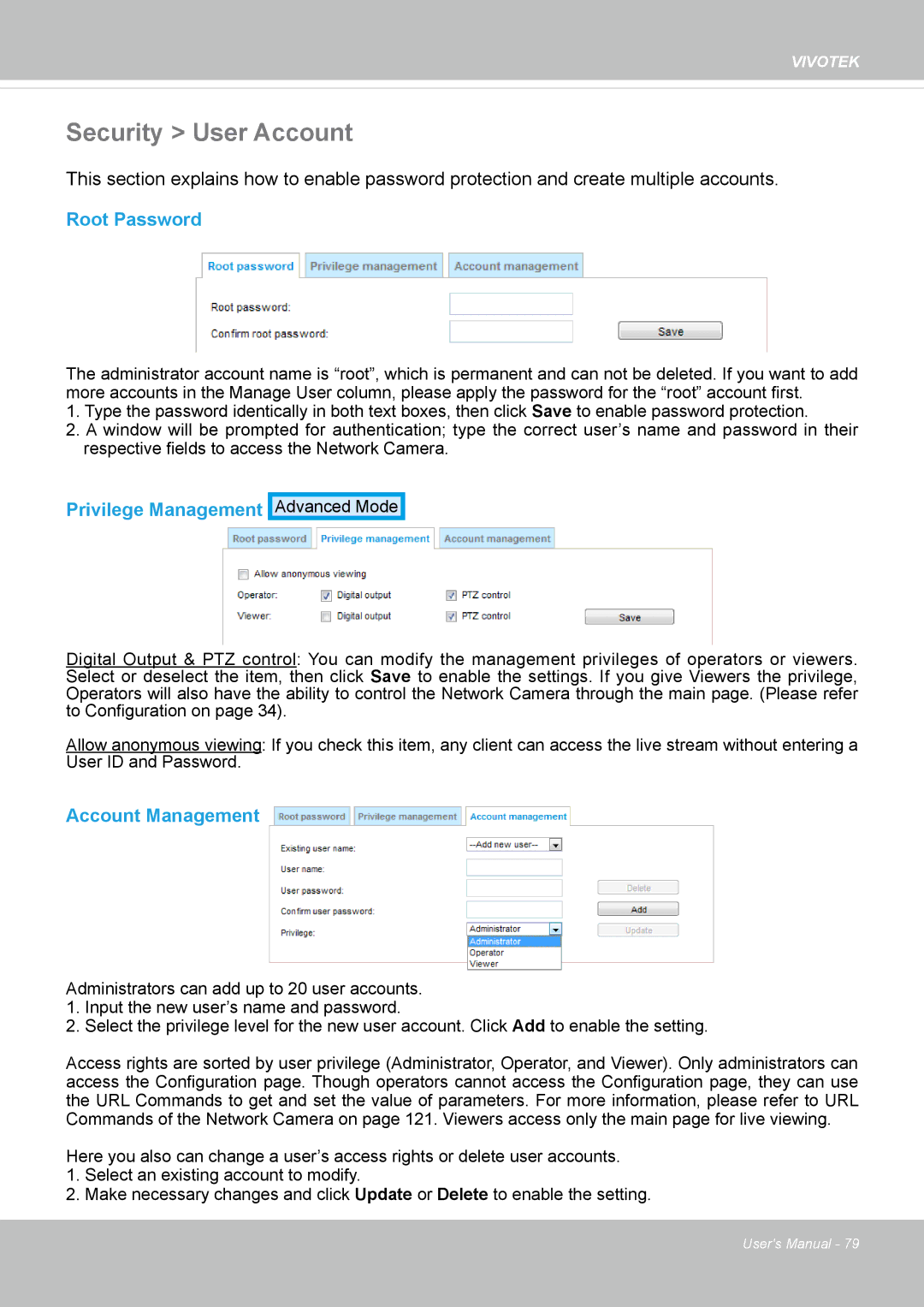 Vivotek IP8372 user manual Security User Account, Root Password, Privilege Management, Account Management 