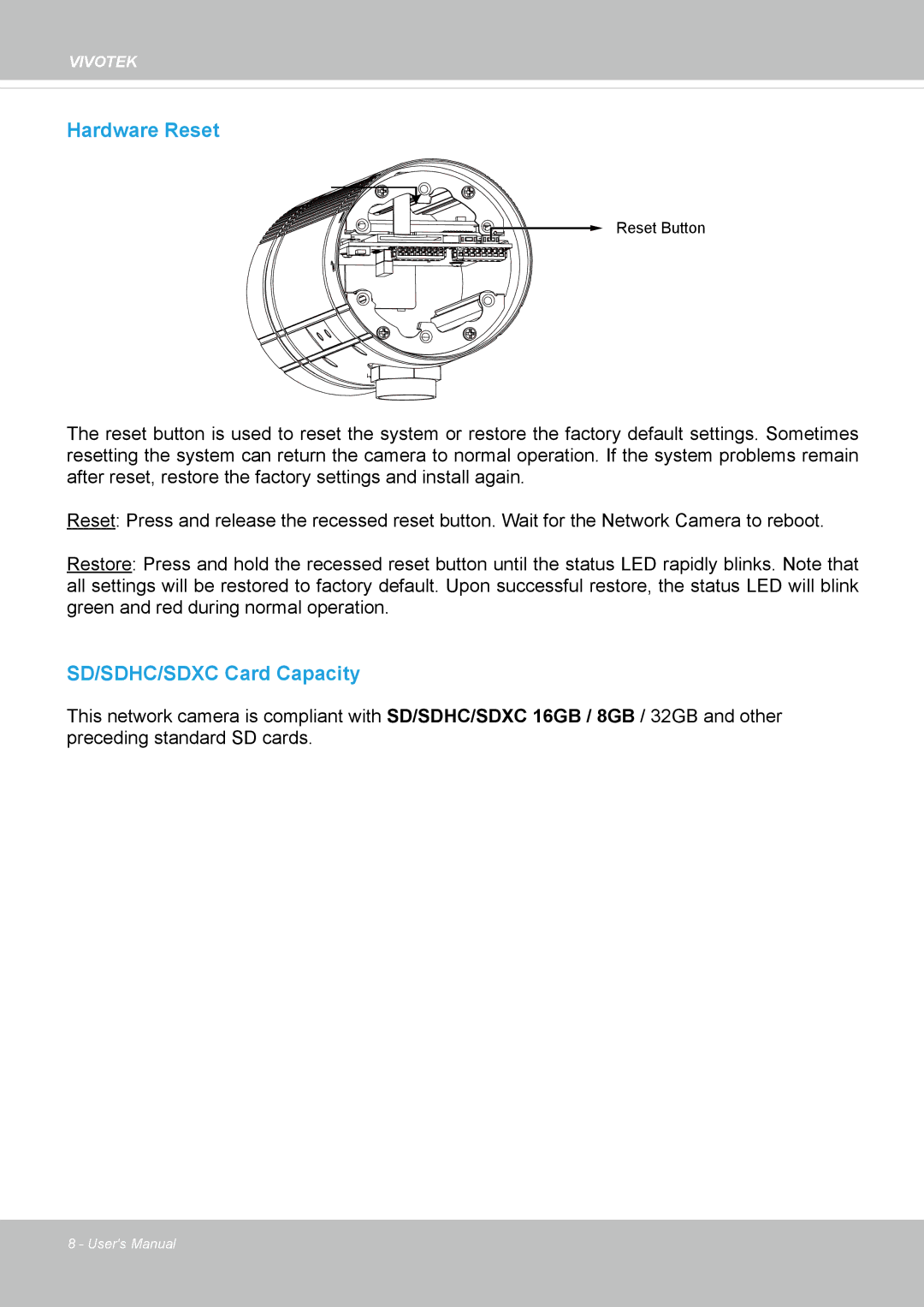 Vivotek IP8372 user manual Hardware Reset 