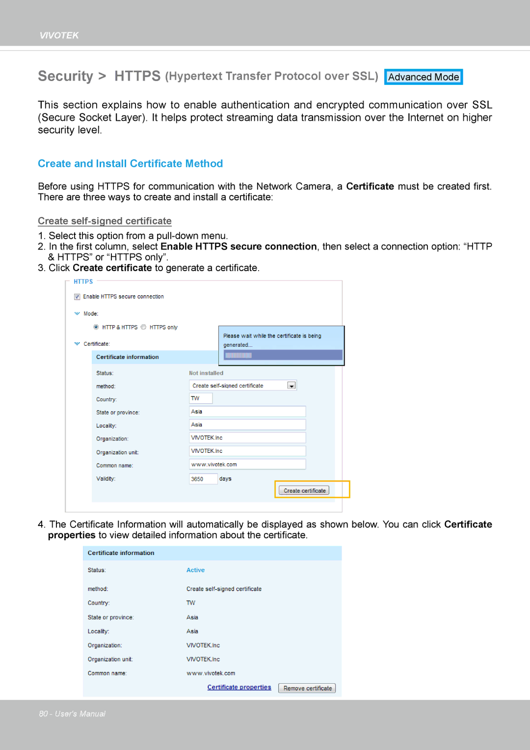 Vivotek IP8372 user manual Security Https Hypertext Transfer Protocol over SSL, Create and Install Certificate Method 