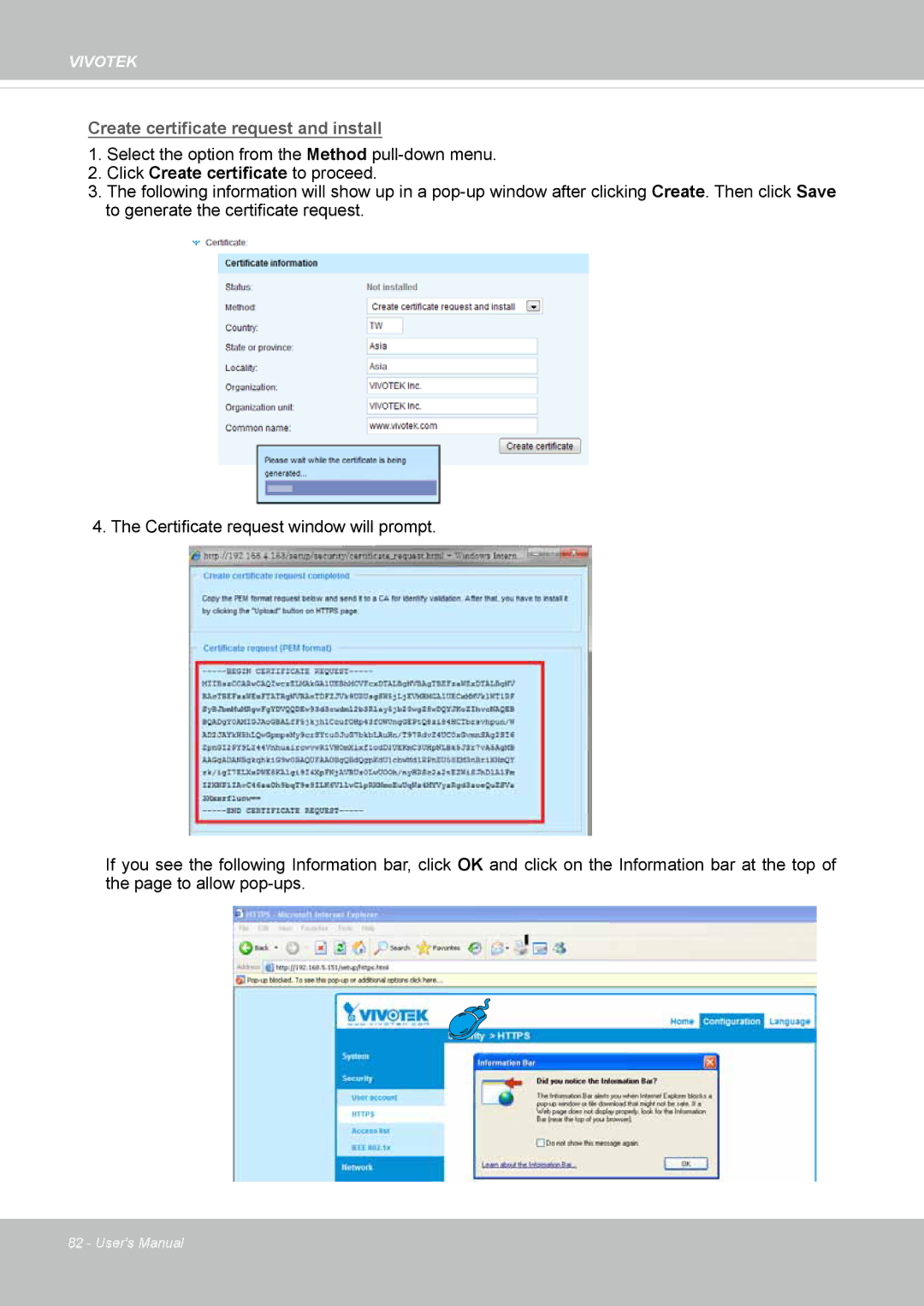 Vivotek IP8372 user manual Create certificate request and install 