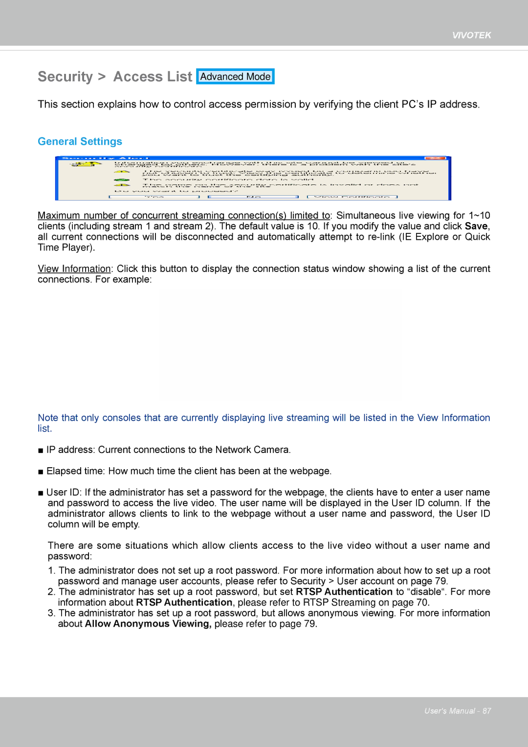 Vivotek IP8372 user manual Security Access List, General Settings 