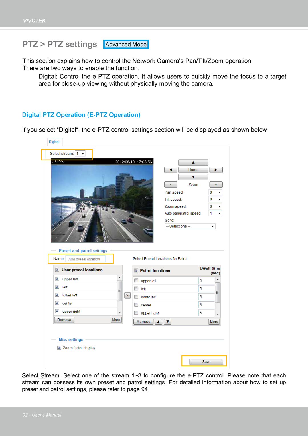 Vivotek IP8372 user manual PTZ PTZ settings, Digital PTZ Operation E-PTZ Operation 