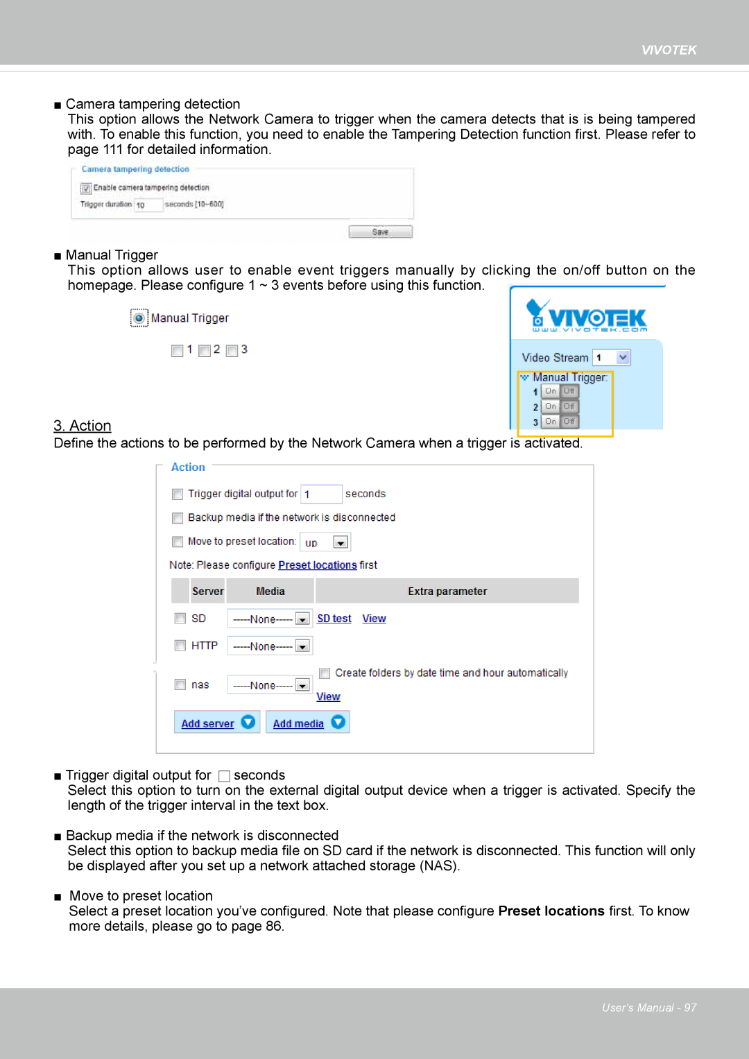 Vivotek IP8372 user manual Action 