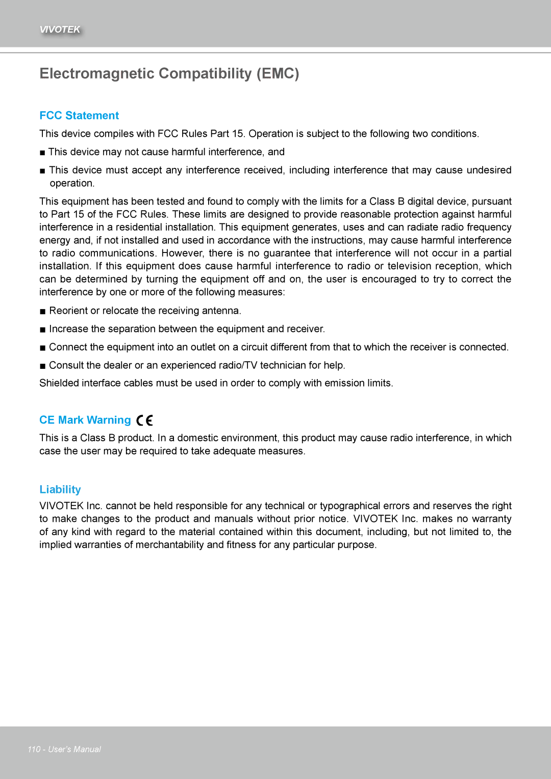 Vivotek IZ7151 user manual Electromagnetic Compatibility EMC, FCC Statement, CE Mark Warning 