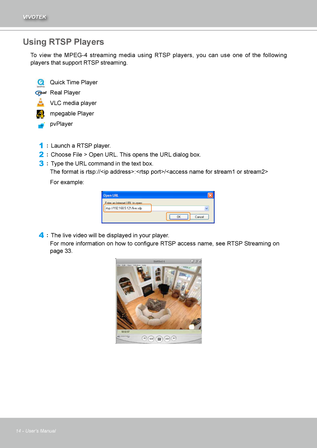 Vivotek IZ7151 user manual Using Rtsp Players 