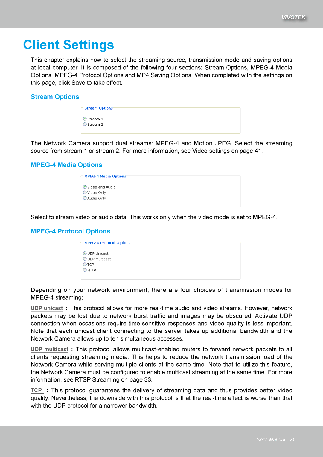 Vivotek IZ7151 user manual Stream Options, MPEG-4 Media Options, MPEG-4 Protocol Options 