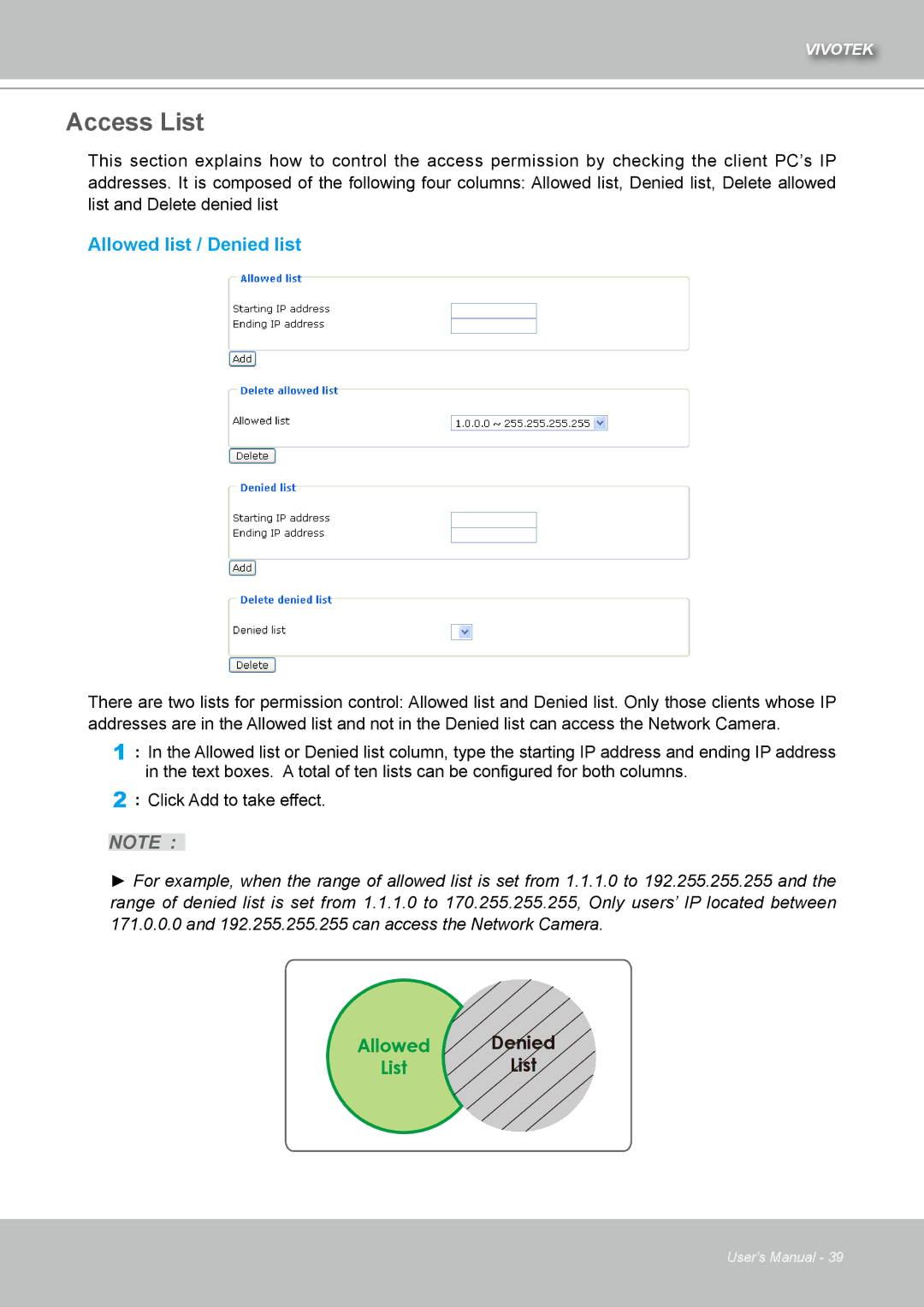 Vivotek IZ7151 user manual Access List, Allowed list / Denied list 