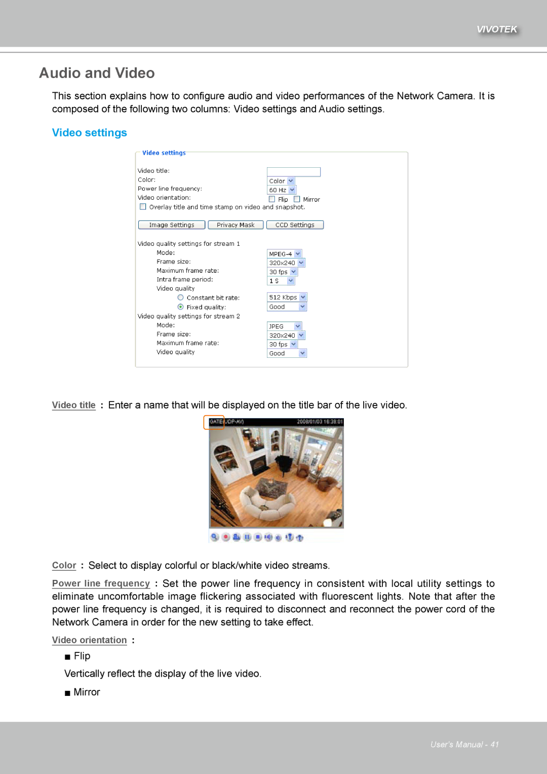 Vivotek IZ7151 user manual Audio and Video, Video settings 