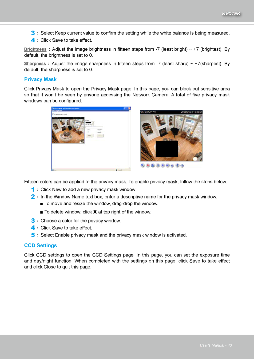 Vivotek IZ7151 user manual Privacy Mask, CCD Settings 