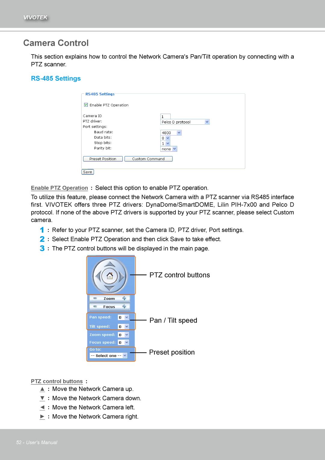 Vivotek IZ7151 user manual Camera Control, RS-485 Settings 