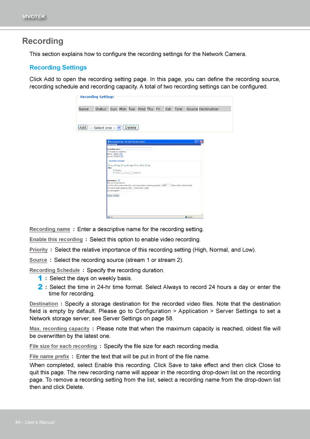 Vivotek IZ7151 user manual Recording Settings 