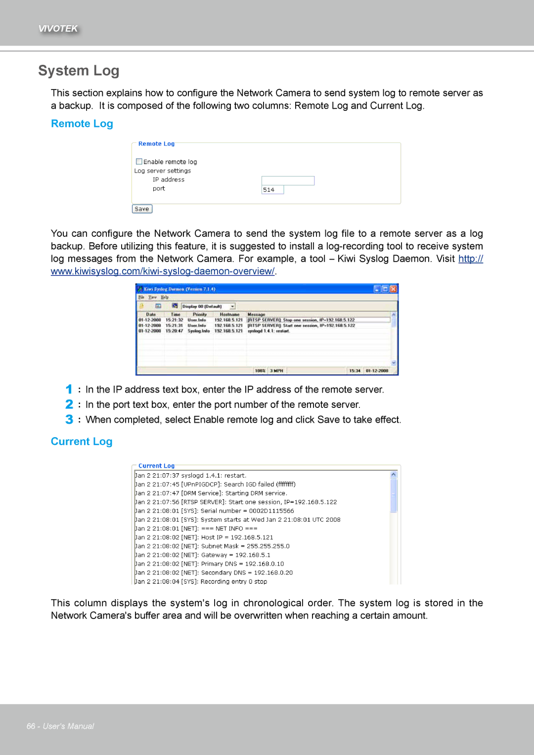 Vivotek IZ7151 user manual System Log, Remote Log, Current Log 