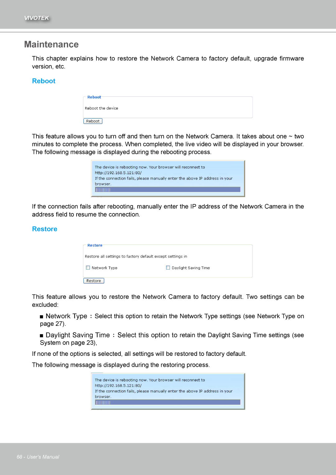 Vivotek IZ7151 user manual Maintenance, Reboot, Restore 