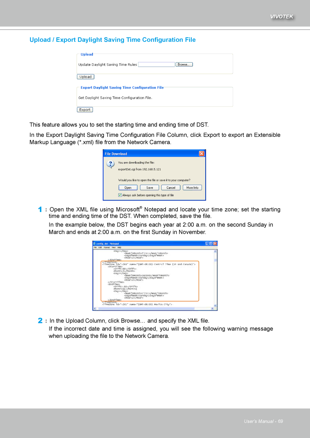 Vivotek IZ7151 user manual Upload / Export Daylight Saving Time Configuration File 