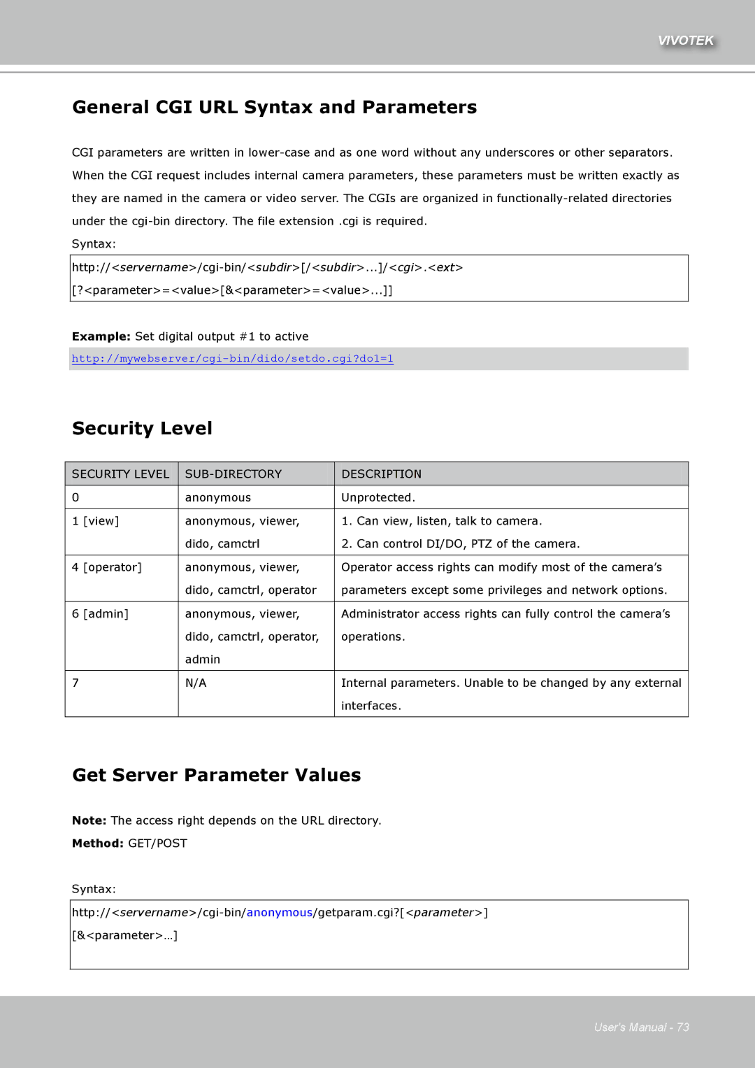 Vivotek IZ7151 user manual General CGI URL Syntax and Parameters, Security Level, Get Server Parameter Values 