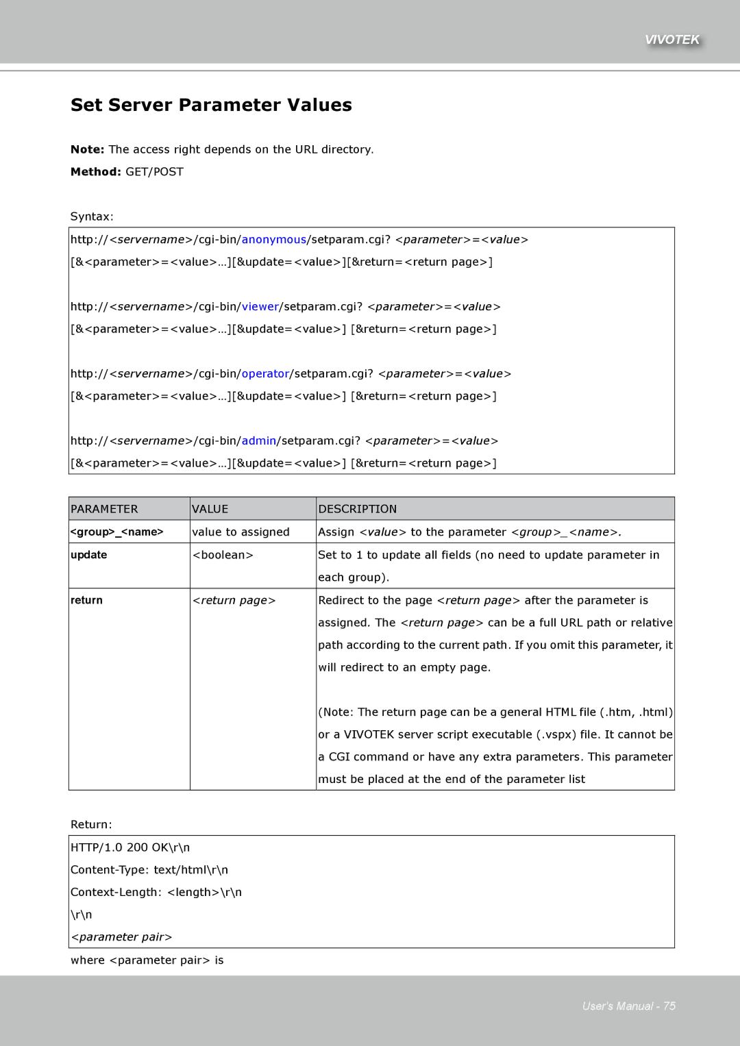 Vivotek IZ7151 user manual Set Server Parameter Values, Return 