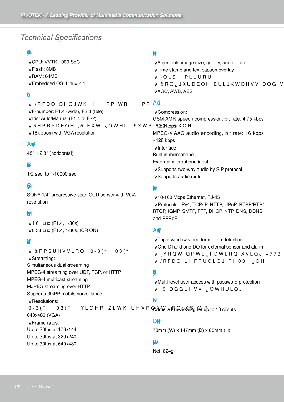 Vivotek IZ7151 user manual Technical Specifications 