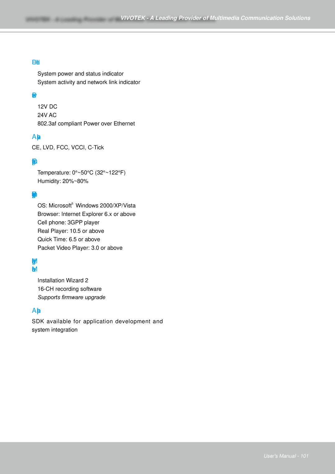 Vivotek IZ7151 user manual Power, Approvals, Operating Environments, Viewing System Requirements, Applications 