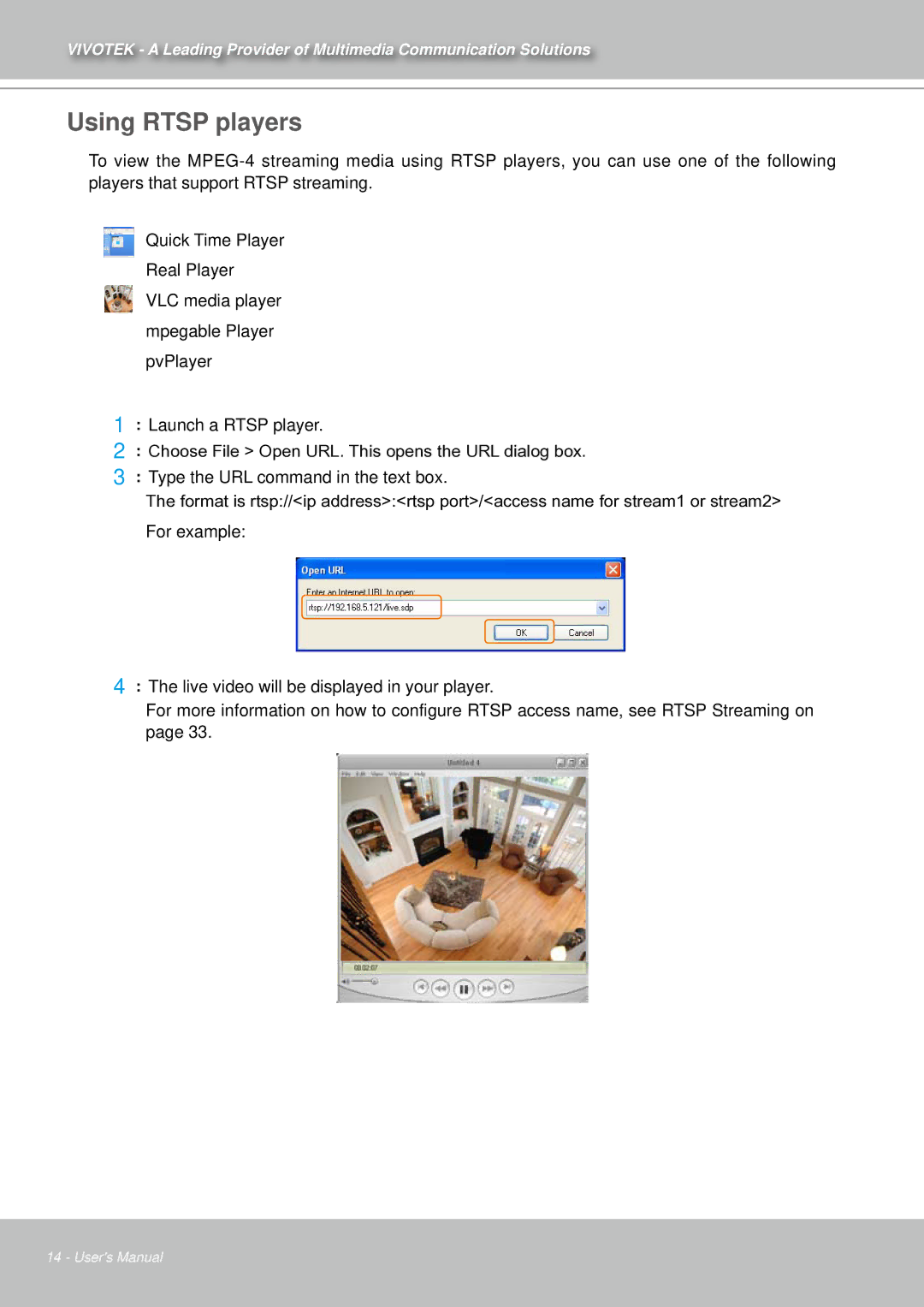 Vivotek IZ7151 user manual Using Rtsp players 