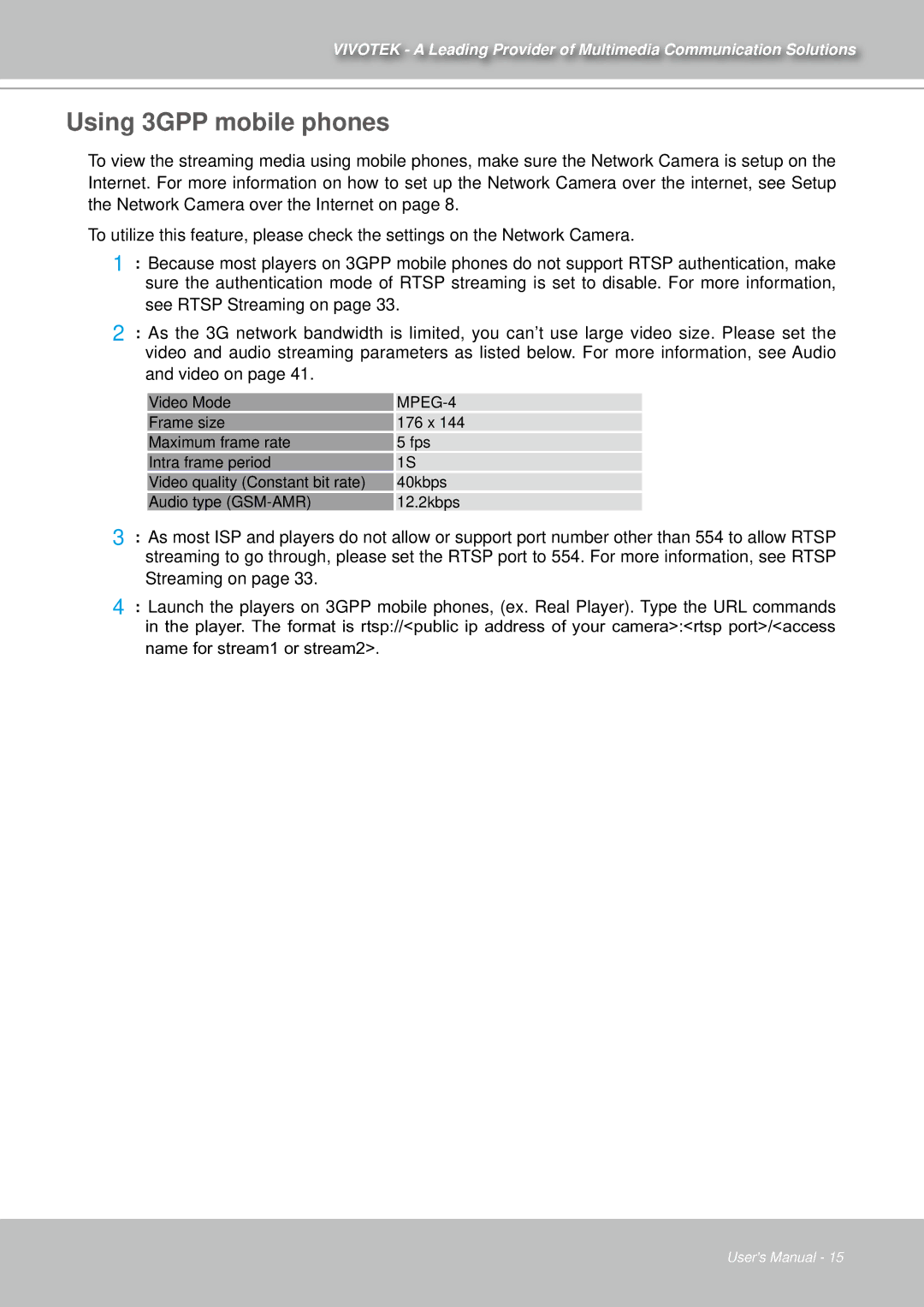 Vivotek IZ7151 user manual Using 3GPP mobile phones, MPEG-4 