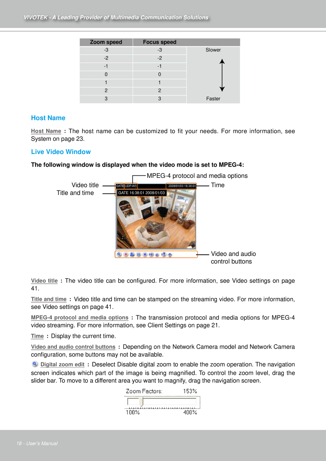 Vivotek IZ7151 user manual Host Name, Live Video Window, MPEG-4 protocol and media options, Video title Time Title and time 