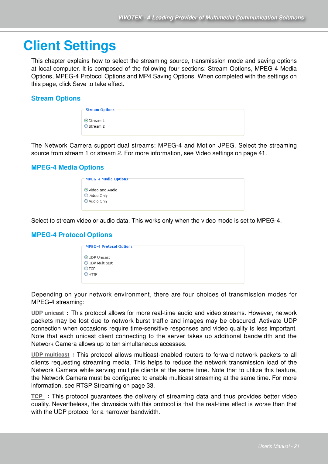 Vivotek IZ7151 user manual Stream Options, MPEG-4 Media Options, MPEG-4 Protocol Options 