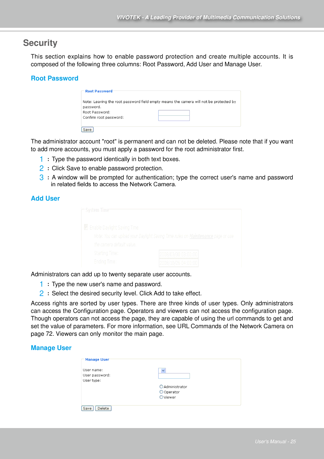 Vivotek IZ7151 user manual Security, Root Password, Add User, Manage User 