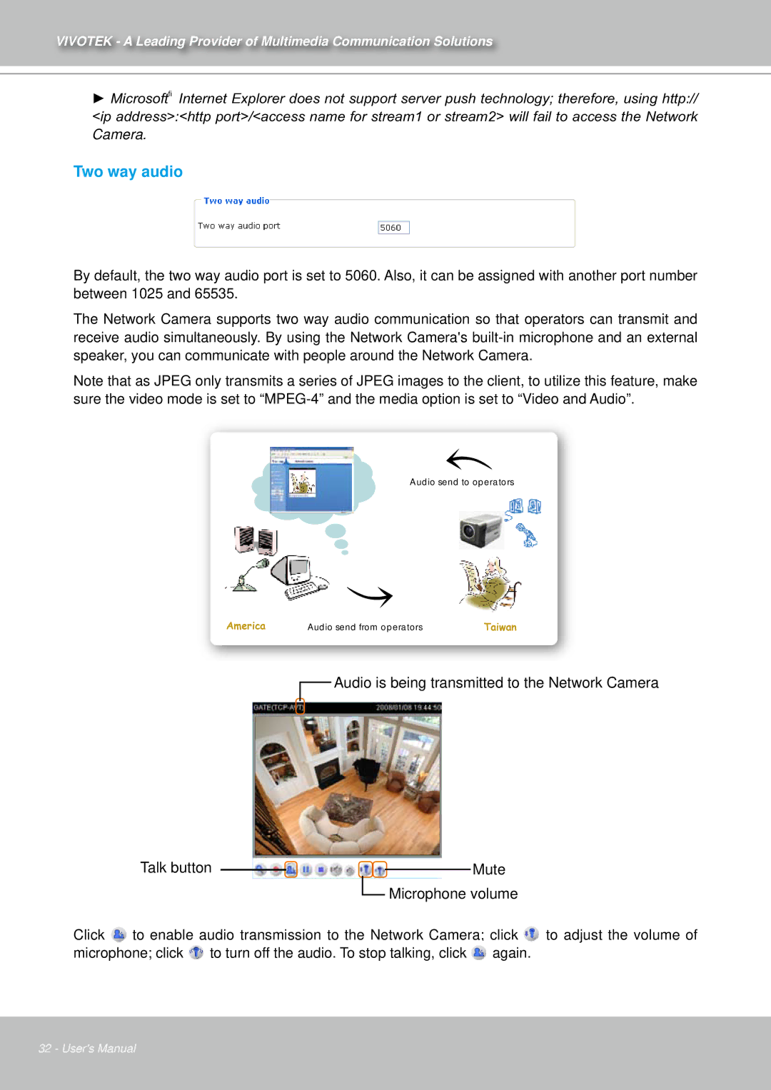 Vivotek IZ7151 user manual Two way audio 