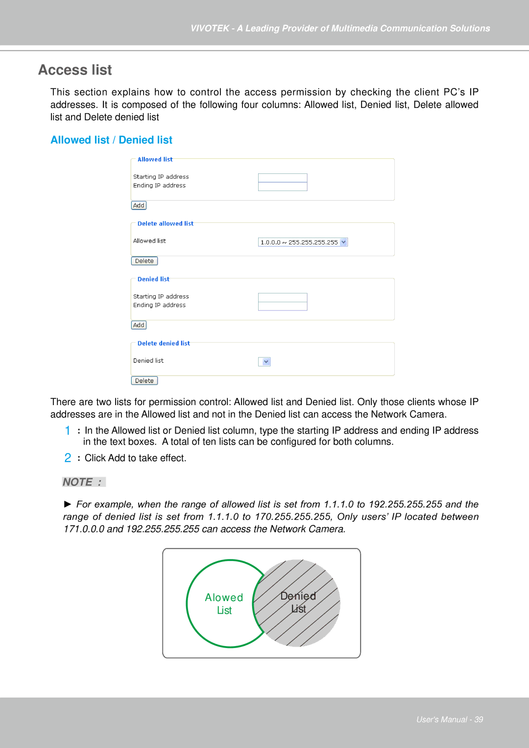 Vivotek IZ7151 user manual Access list, Allowed list / Denied list 