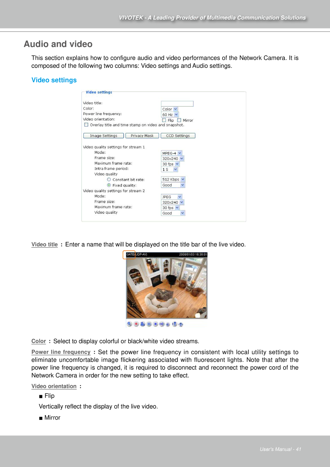 Vivotek IZ7151 user manual Audio and video, Video settings 