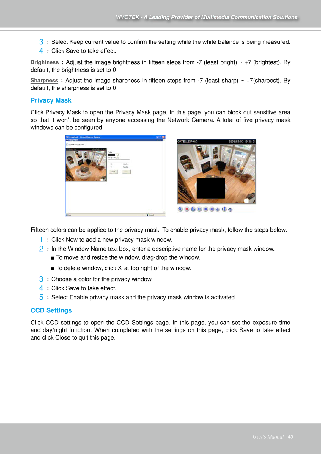 Vivotek IZ7151 user manual Privacy Mask, CCD Settings 