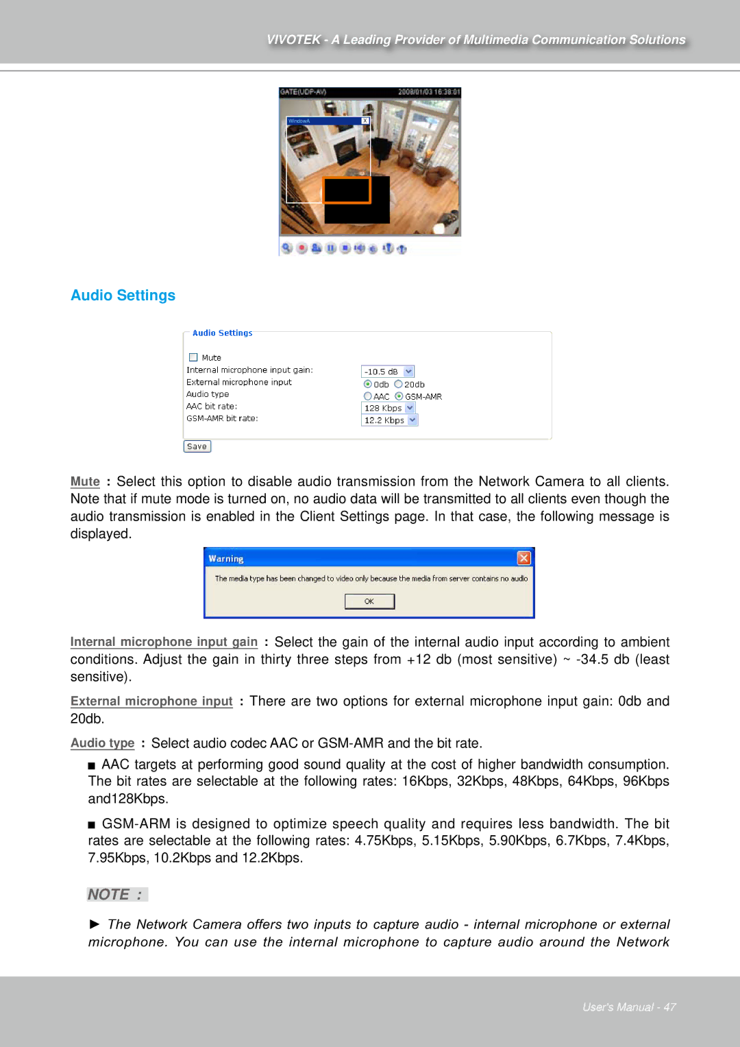 Vivotek IZ7151 user manual Audio Settings 