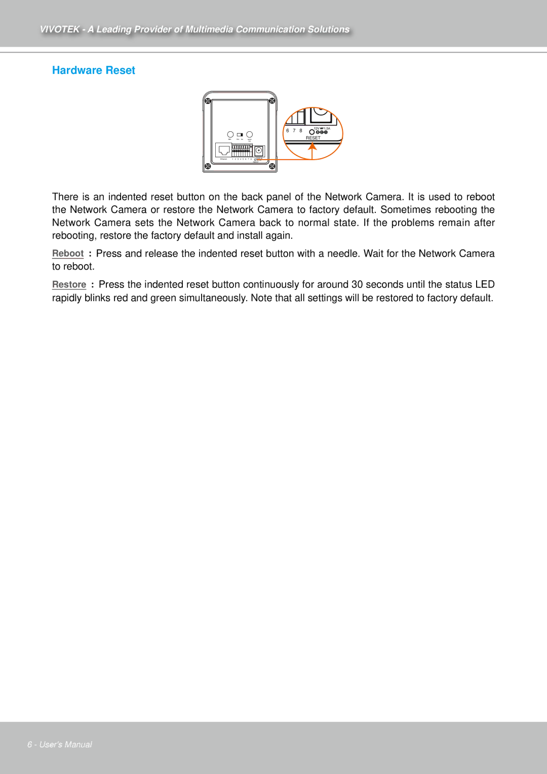 Vivotek IZ7151 user manual Hardware Reset 