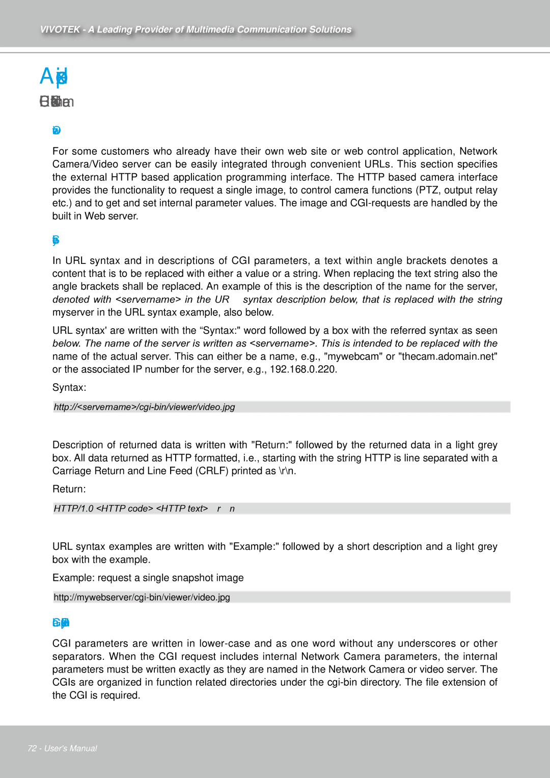 Vivotek IZ7151 URL Commands of the Network Camera, Overview, Style convention, General CGI URL syntax and parameters 