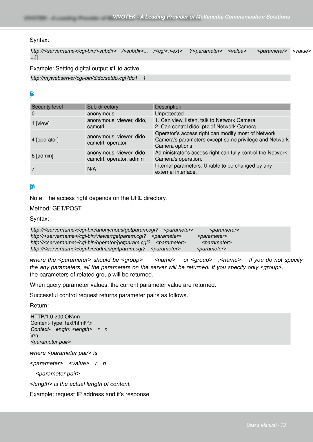 Vivotek IZ7151 user manual Security level, Get server parameter values, Syntax, Example Setting digital output #1 to active 