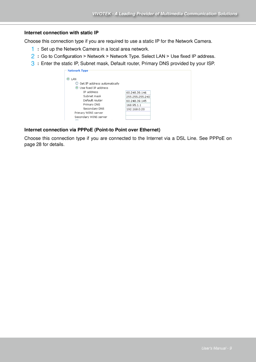 Vivotek IZ7151 user manual Internet connection with static IP 