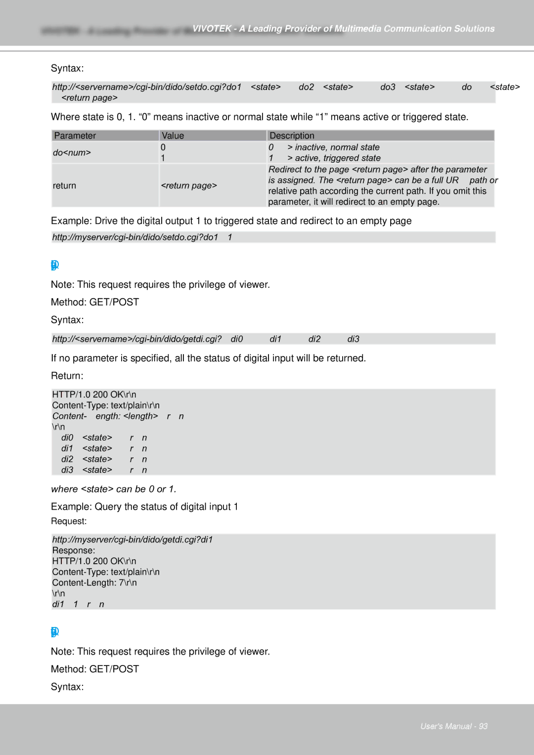 Vivotek IZ7151 user manual Query status of the digital input, Query status of the digital output 