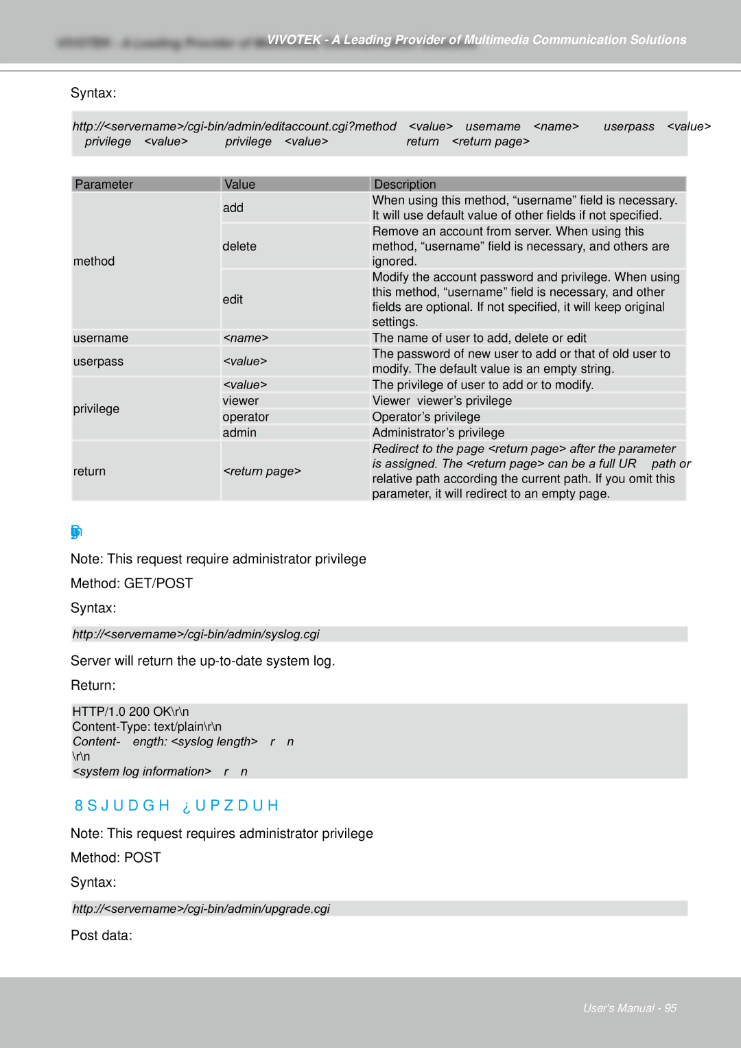 Vivotek IZ7151 user manual System logs, Server will return the up-to-date system log Return, Method Post Syntax, Post data 