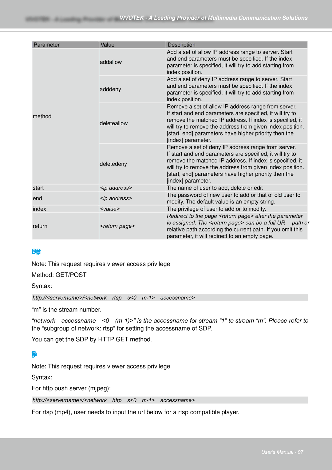 Vivotek IZ7151 user manual Get SDP of Streamings, Open the network streamings, Syntax For http push server mjpeg 