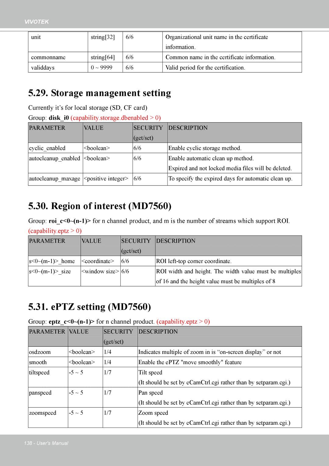 Vivotek MD7530, 7530D manual Storage management setting, Region of interest MD7560, EPTZ setting MD7560 