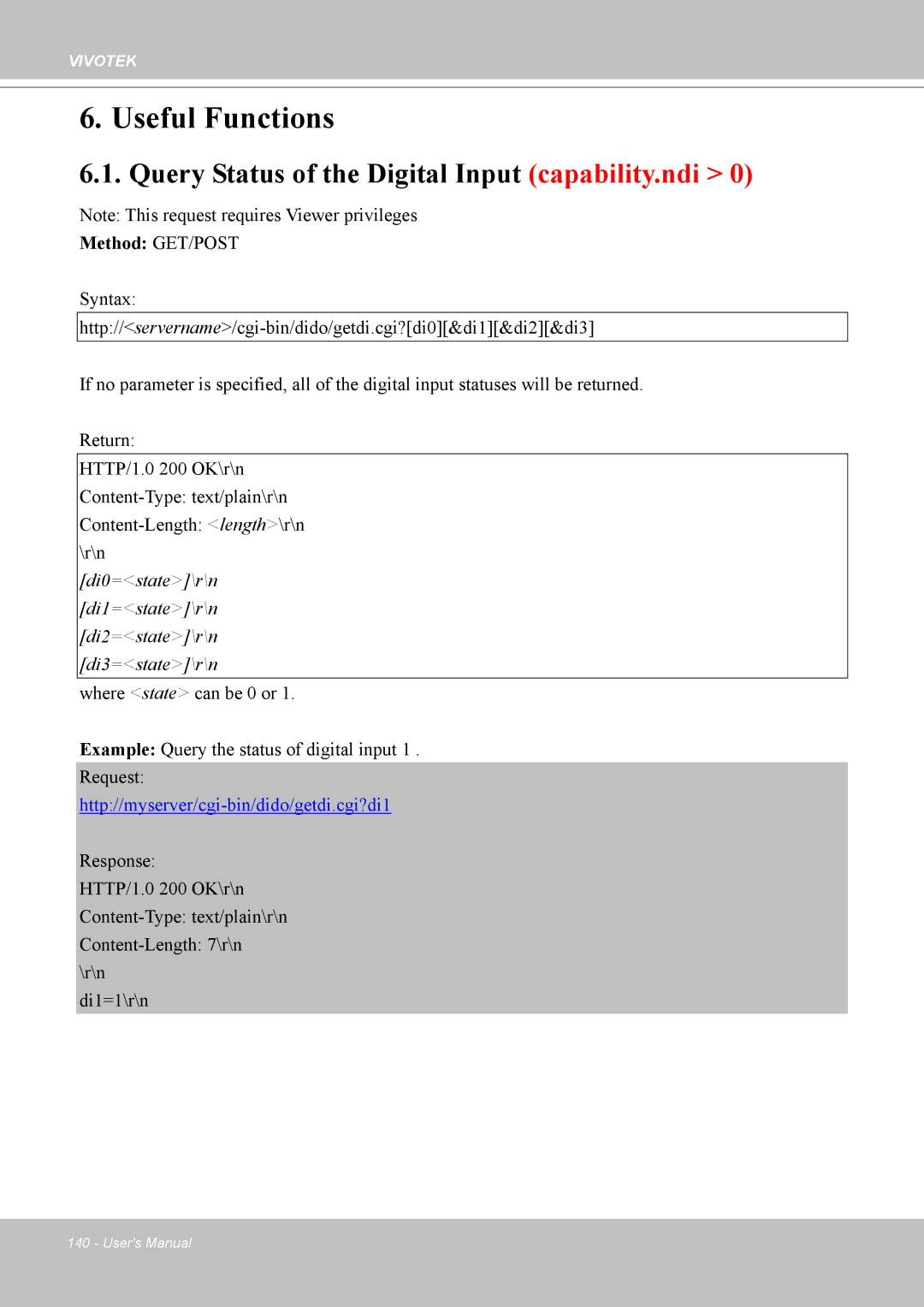 Vivotek MD7530, 7530D manual Useful Functions, Query Status of the Digital Input capability.ndi 