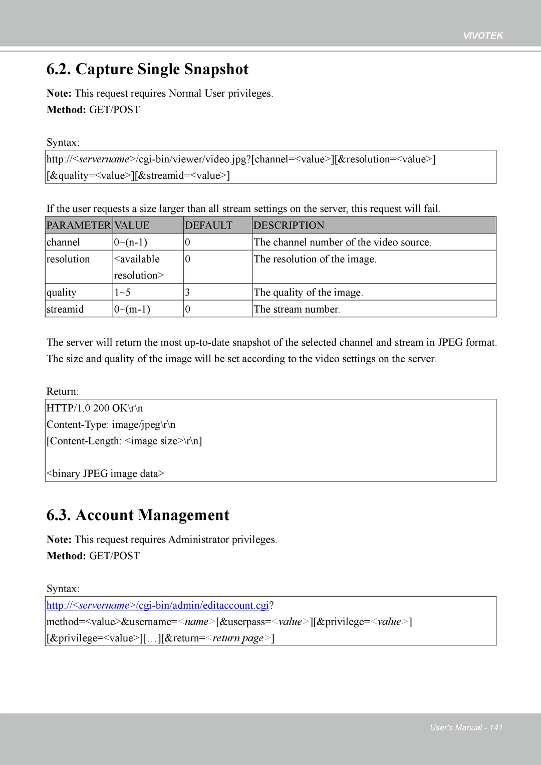 Vivotek 7530D, MD7530 manual Capture Single Snapshot, Account Management 