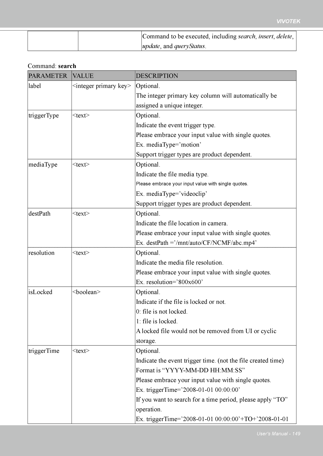 Vivotek 7530D, MD7530 Command to be executed, including search, insert, delete, Command search, Ex. mediaType=’videoclip’ 